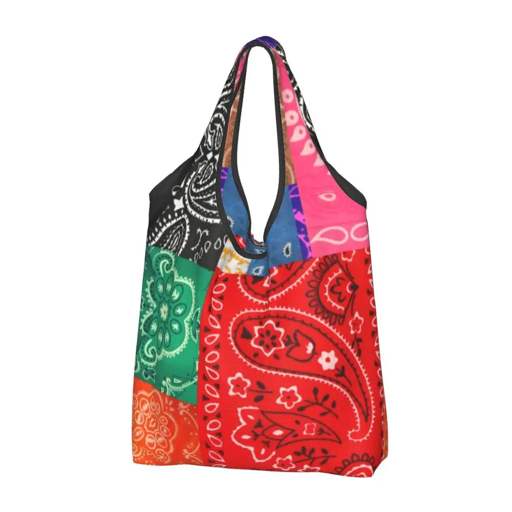Funny Black Bandana Pattern Shopping Tote Bag Portable Paisley Style Groceries Shopper Shoulder Bag