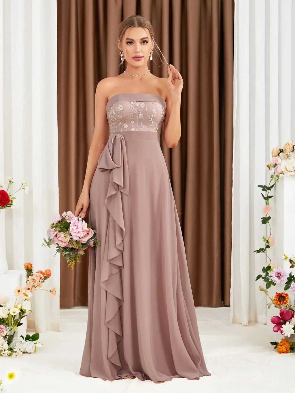 Strapless long dress with front ruffle trim, soft and elegant, showing gentle graceful charm