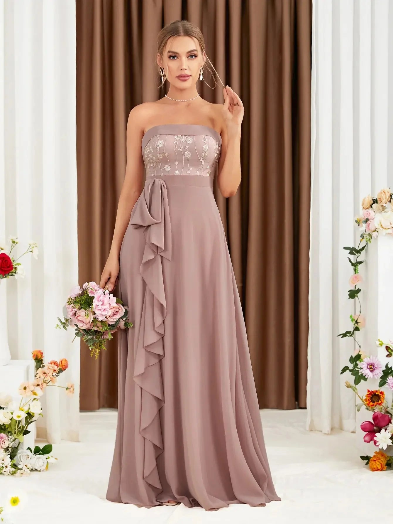Strapless long dress with front ruffle trim, soft and elegant, showing gentle graceful charm