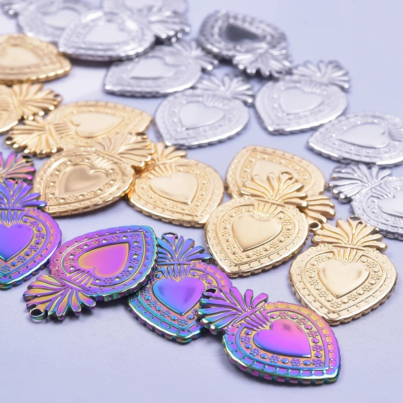6Pcs/Lot Stainless Steel Gothic Catholic Sacred Heart Charms Jewelry Wholesale Thorns Lava Love Pendant Diy Necklaces Wholesale