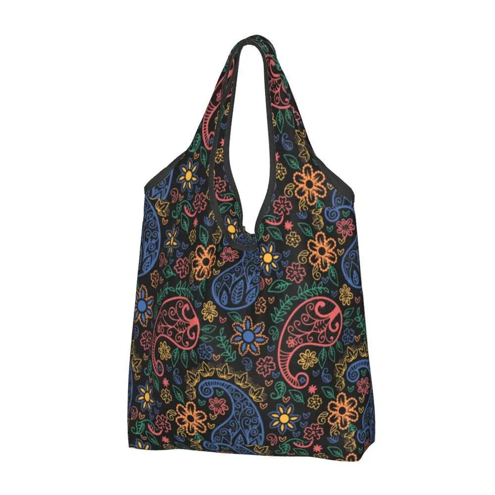 Funny Black Bandana Pattern Shopping Tote Bag Portable Paisley Style Groceries Shopper Shoulder Bag