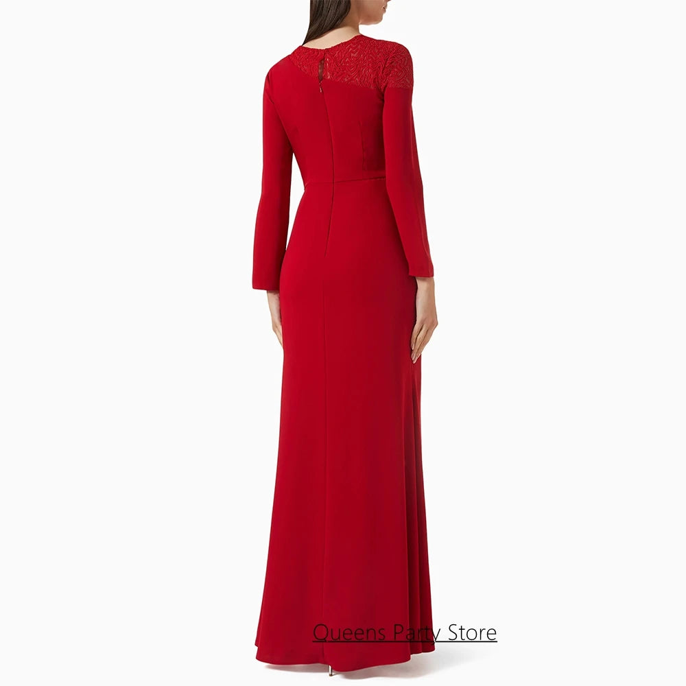 Evening Dress for Woman Customized Round Neck Full Sleeves Sequined Lace Pleat Red Prom Gown Arabian Party Dresses