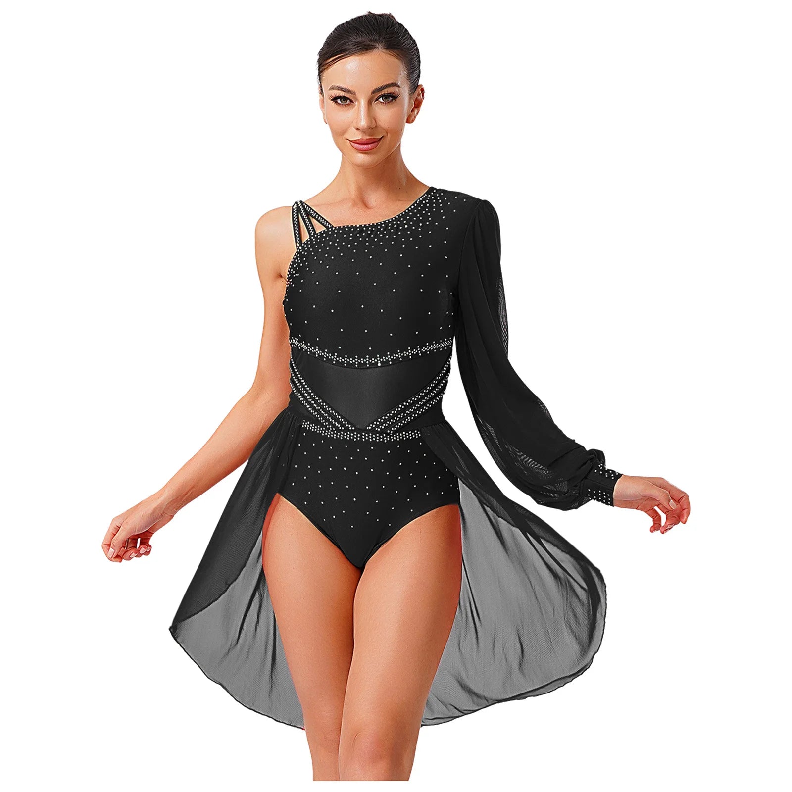 Women Latin Dress Lyrical Modern Dancing Costume Fashion One-shoulder Single Sleeve Rhinestone Press Button Design Rhythm Dress