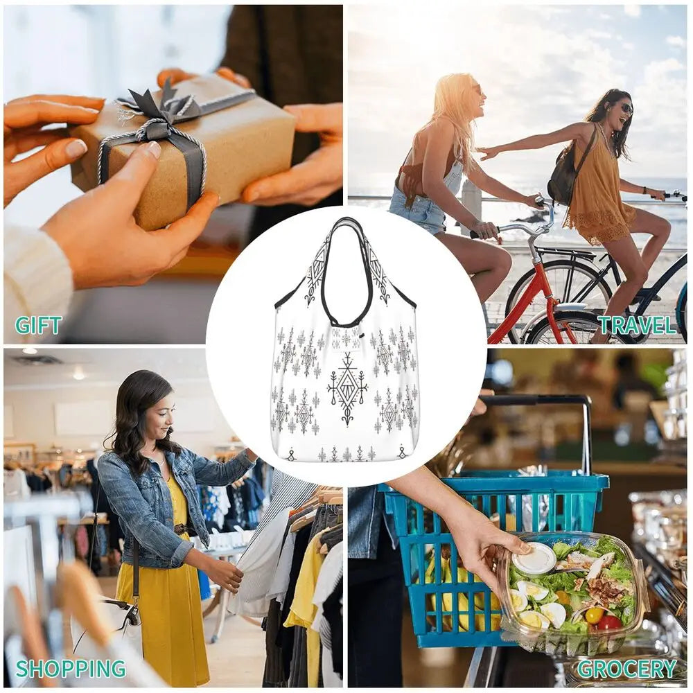 Custom Kabyle Jewelry Shopping Bags Women Portable Large Capacity Groceries Amazigh Carpet Berber Shopper Tote Bags