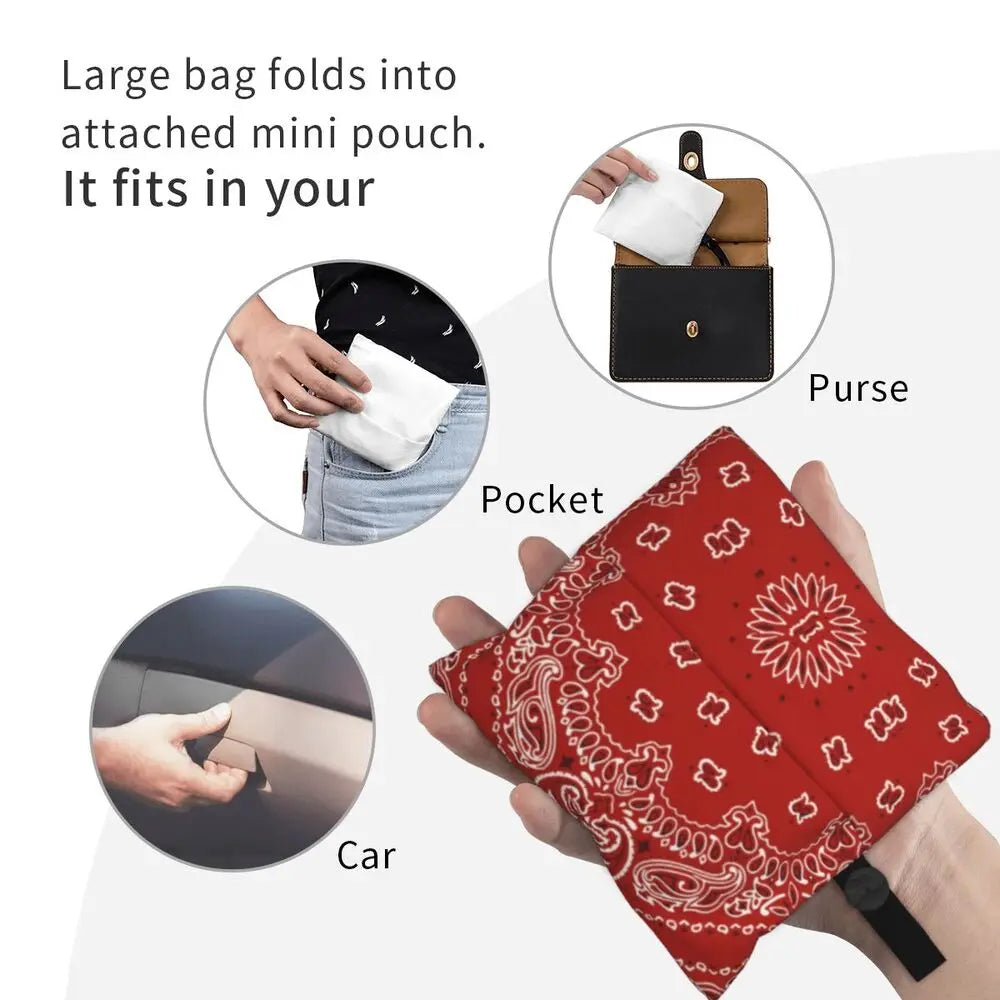 Funny Black Bandana Pattern Shopping Tote Bag Portable Paisley Style Groceries Shopper Shoulder Bag