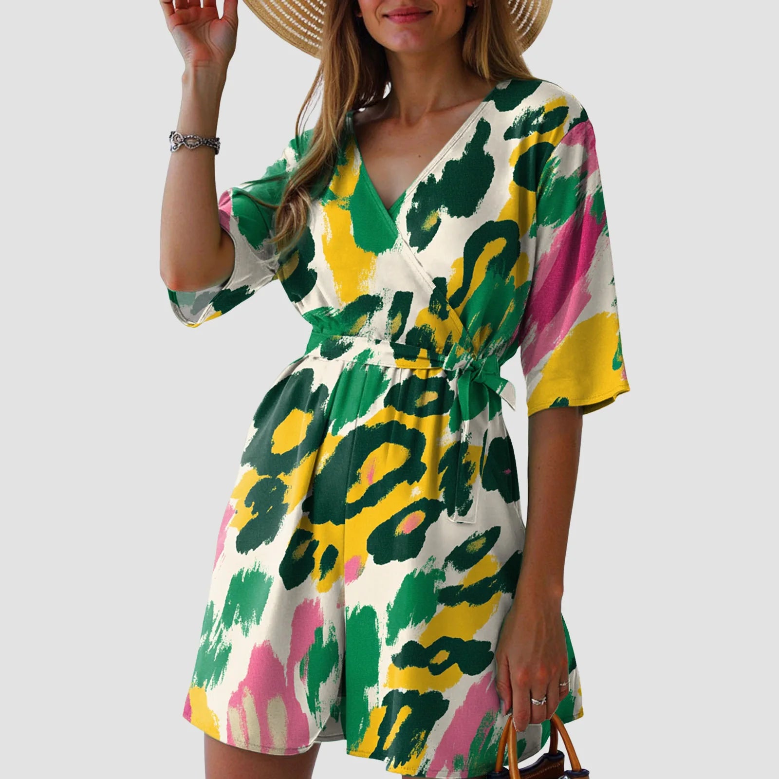 Fashionable Printed V-Neck Short Jumpsuits For Woman Summer Short-Sleeve Casual Rompers Holiday Beach Outfit Jumpsuit Shorts