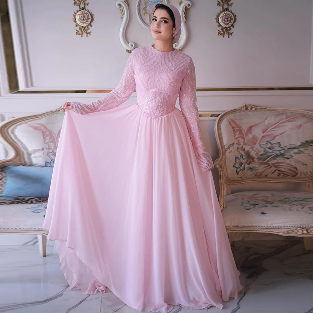 Customized Arabic Evening Dress Modest Round Neck Long Sleeves Beading Sequined Chiffon Saudi Prom Gown Engagement Dresse
