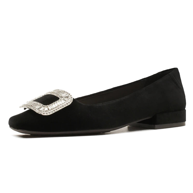 Women's square-toed chunky-heeled flat shoes2026New autumn and winter black suede party comfortable and elegant rhinestone shoes
