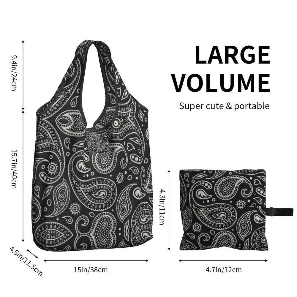 Funny Black Bandana Pattern Shopping Tote Bag Portable Paisley Style Groceries Shopper Shoulder Bag