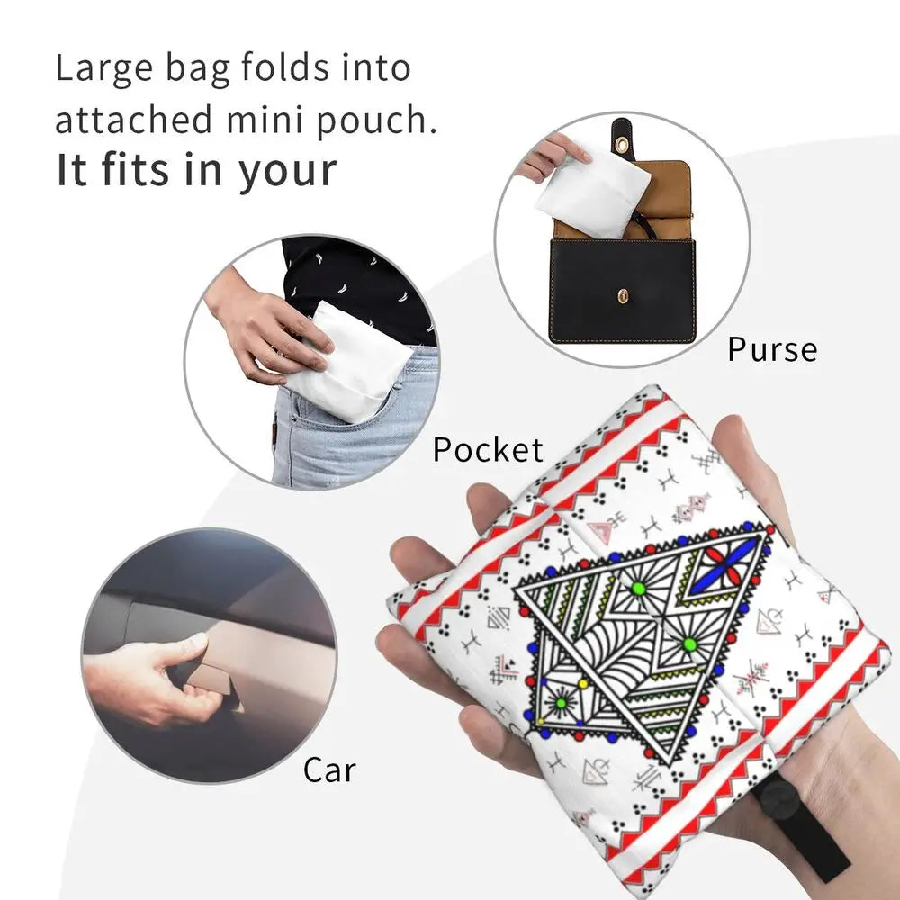 Custom Kabyle Jewelry Shopping Bags Women Portable Large Capacity Groceries Amazigh Carpet Berber Shopper Tote Bags