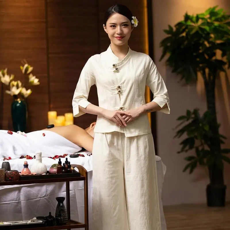 Beauty Salon Beautician Work Clothes Women Suits Health Club Clothes Moxibustion Therapy Center Technician Clothes Cotton Linen