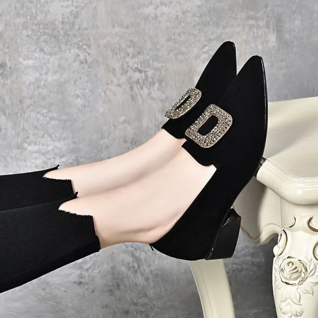 Diamond Shoes for Women Block Heel Pointed Toe Moccasins Woman Pumps Korean Style Casual Footwear Summer 2025 Vacation Popular