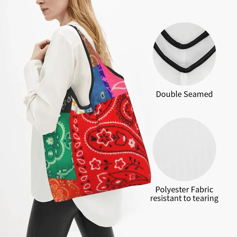 Funny Black Bandana Pattern Shopping Tote Bag Portable Paisley Style Groceries Shopper Shoulder Bag