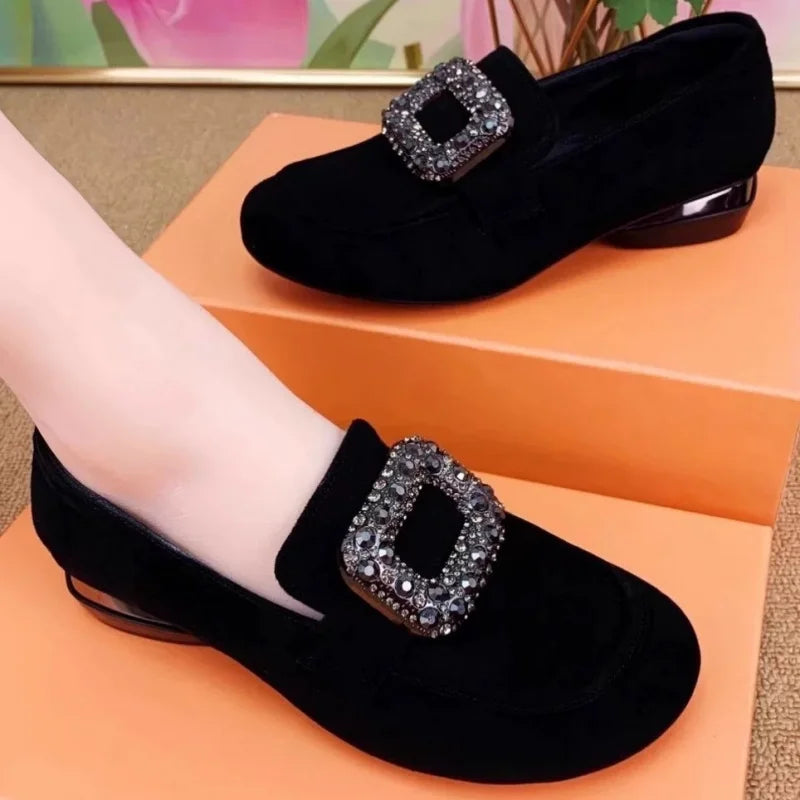 Round-toe chunky heel shoes2025New autumn style women's slip-on shoes with rhinestones, soft sole, suede, low-cut, versatile sho