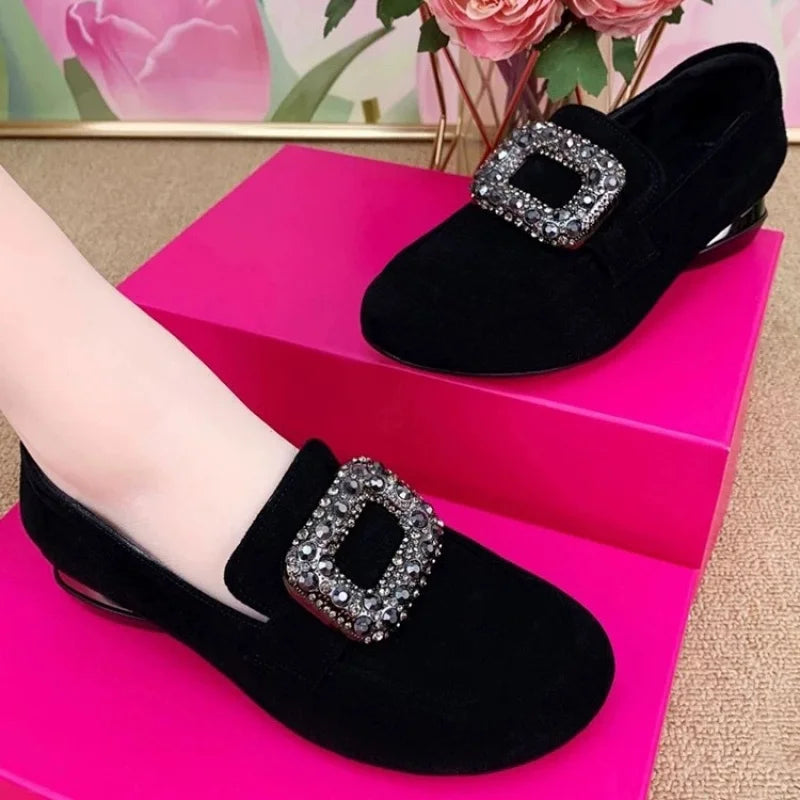 Round-toe chunky heel shoes2025New autumn style women's slip-on shoes with rhinestones, soft sole, suede, low-cut, versatile sho