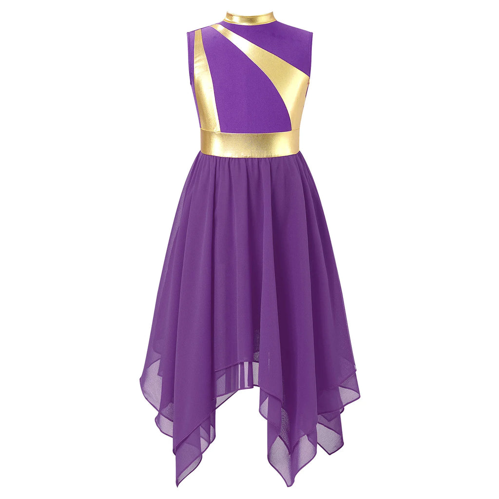 Teen Girls Modern Lyrical Ballroom Dance Performance Costume Sleeveless Asymmetrical Hem Dress Church Choir Worship Robe Gown