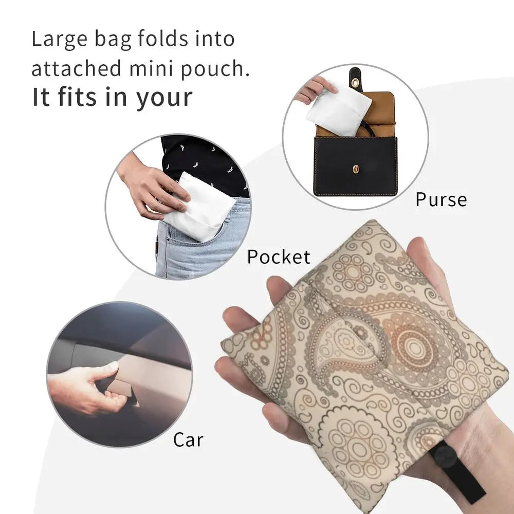 Funny Black Bandana Pattern Shopping Tote Bag Portable Paisley Style Groceries Shopper Shoulder Bag