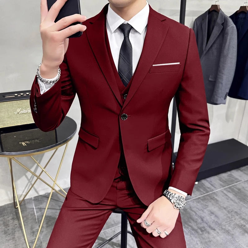 Groom's Wedding Dress ( Jacket + Vest + Pants ) High End Brand Solid Color Men's Casual Business Office Formal Suit 3Pcs Sets