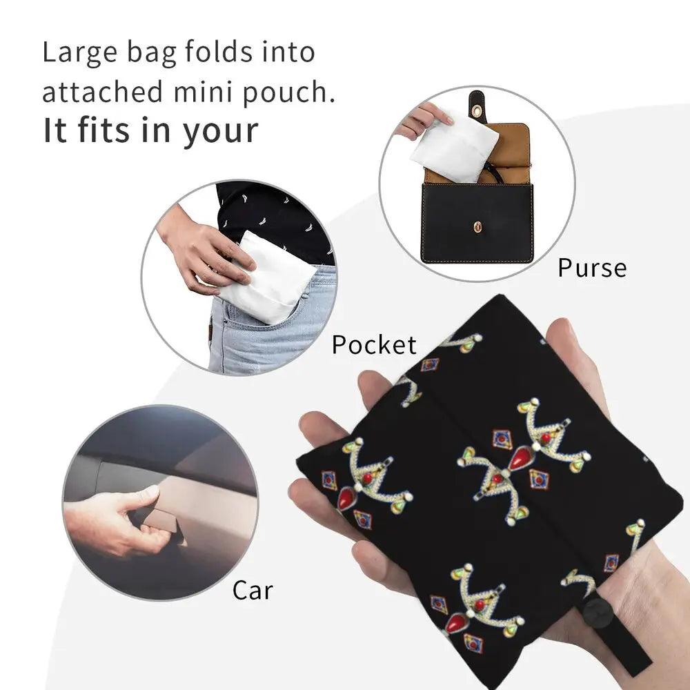 Custom Kabyle Jewelry Shopping Bags Women Portable Large Capacity Groceries Amazigh Carpet Berber Shopper Tote Bags