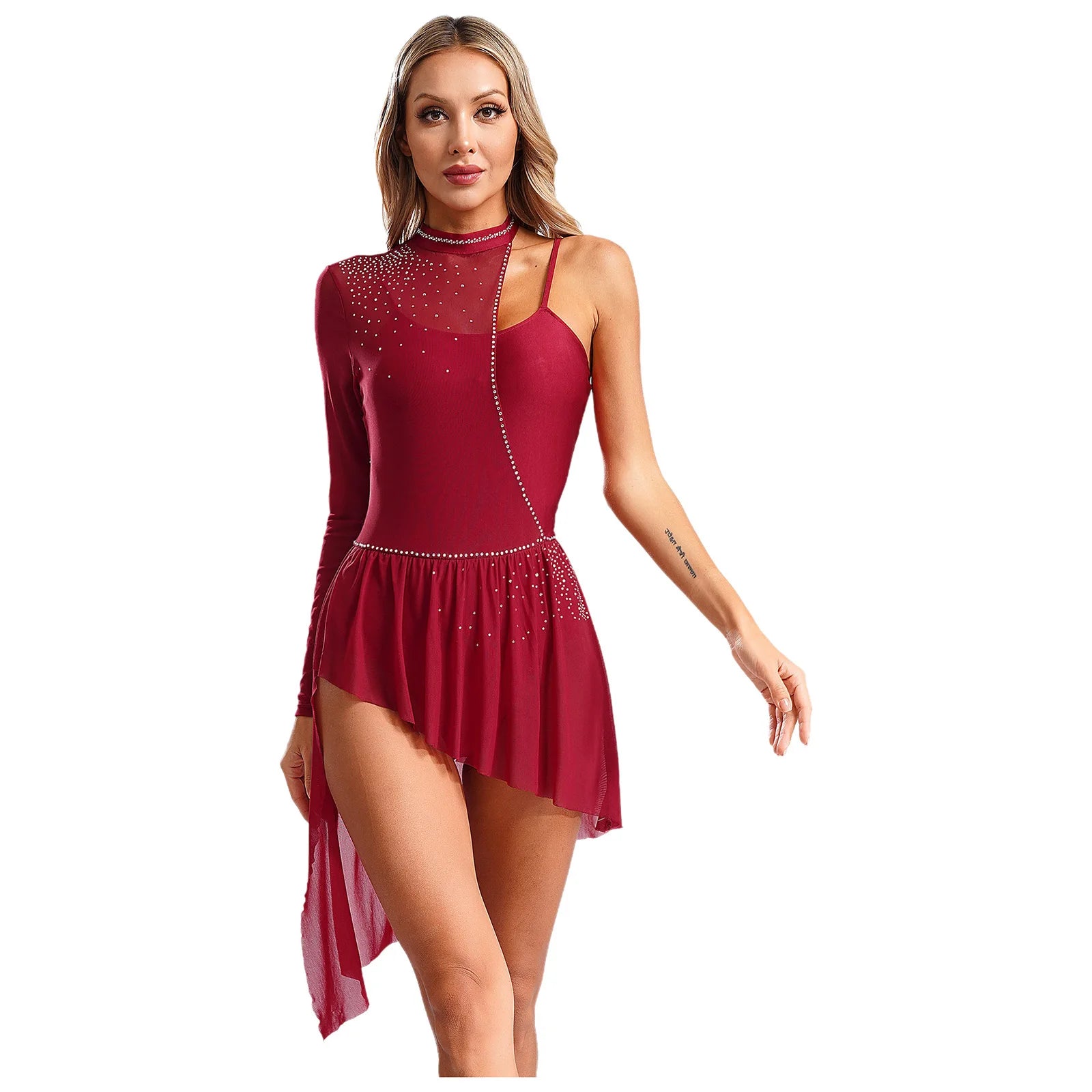 Women Latin Dress Lyrical Modern Dancing Costume Fashion One-shoulder Single Sleeve Rhinestone Press Button Design Rhythm Dress