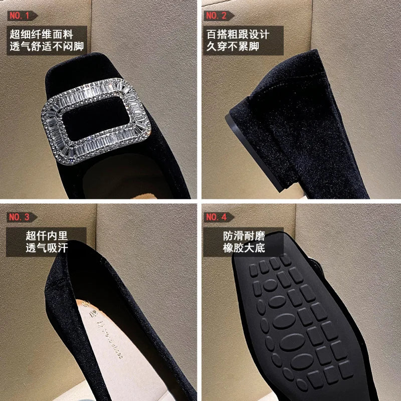 Women's square-toed chunky-heeled flat shoes2026New autumn and winter black suede party shoes with rhinestones,