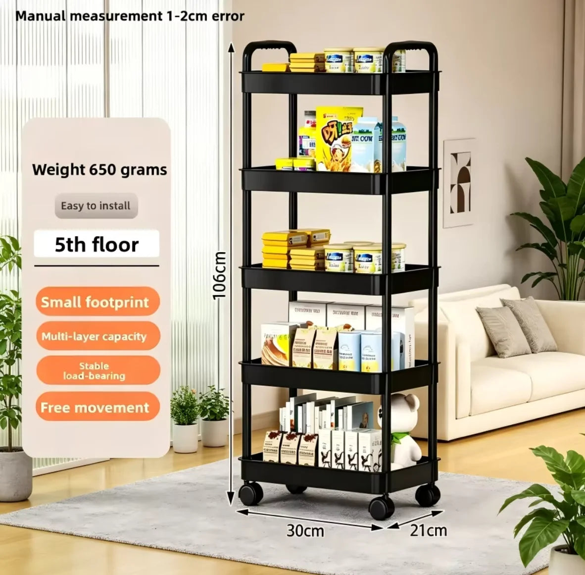 5-layer Kitchen Storage Shelf,mobile Trolley,floor Standing Multi-layer Storage Rack,For Bookshelf,snacks, fruits and Vegetables