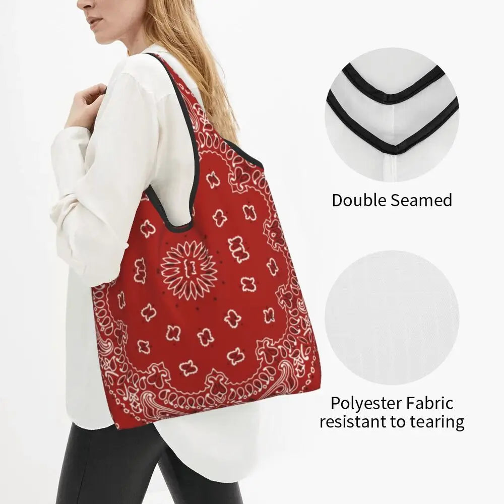 Funny Black Bandana Pattern Shopping Tote Bag Portable Paisley Style Groceries Shopper Shoulder Bag