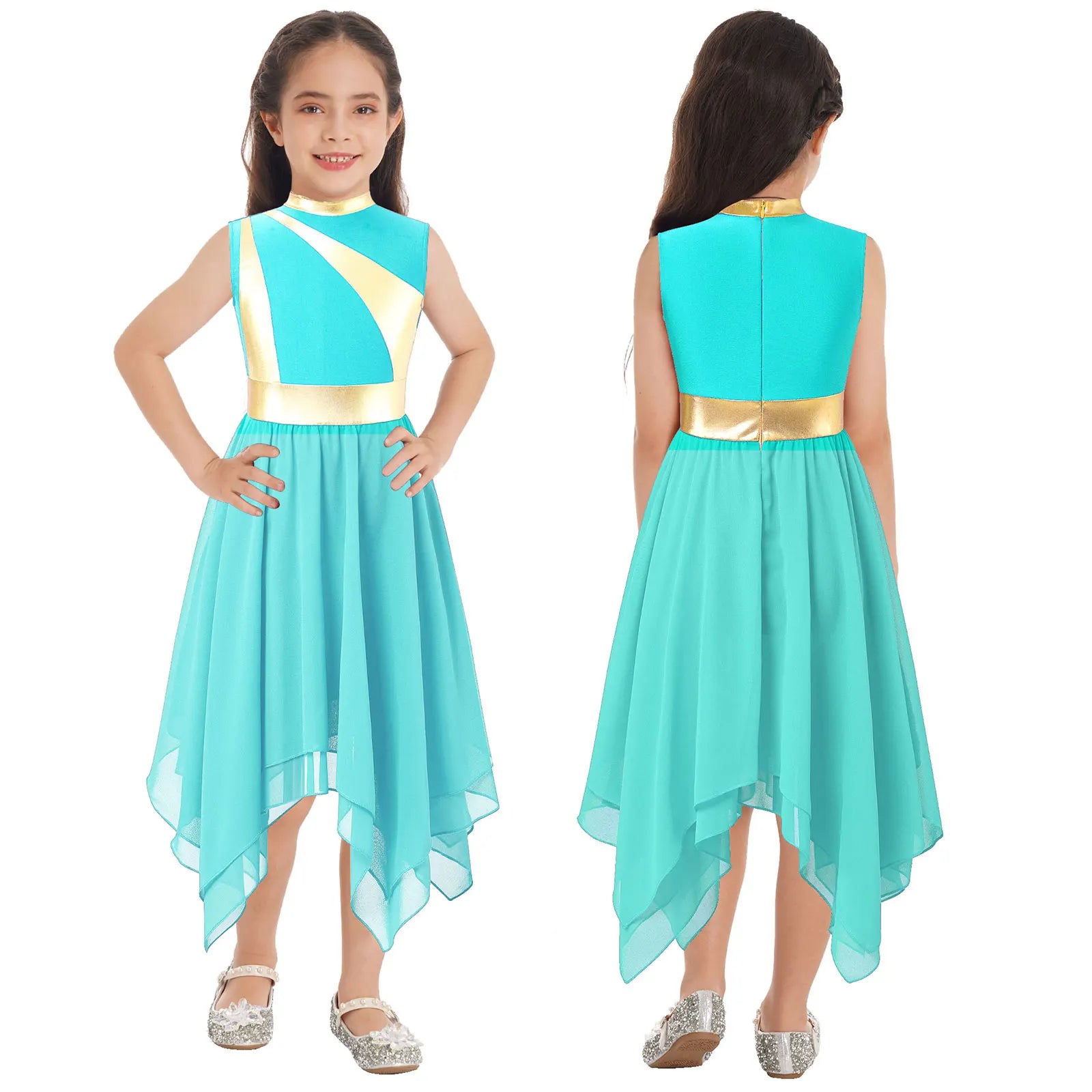 Teen Girls Modern Lyrical Ballroom Dance Performance Costume Sleeveless Asymmetrical Hem Dress Church Choir Worship Robe Gown