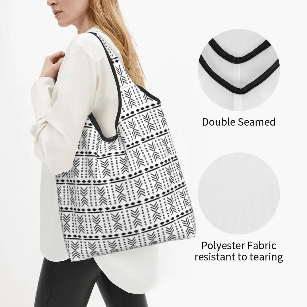 Funny Black Bandana Pattern Shopping Tote Bag Portable Paisley Style Groceries Shopper Shoulder Bag
