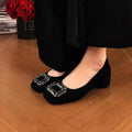 Low-heeled square-toed rhinestone casual shoes for women2026New spring and autumn black low-cut stylish chunky heel work shoes