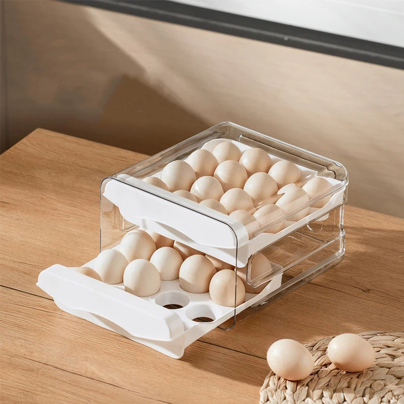 Kitchen Egg Storage Box, Refrigerator Fresh-Keeping 2-Layer Drawer Style Large Capacity Storage, Household Kitchen Storage Box