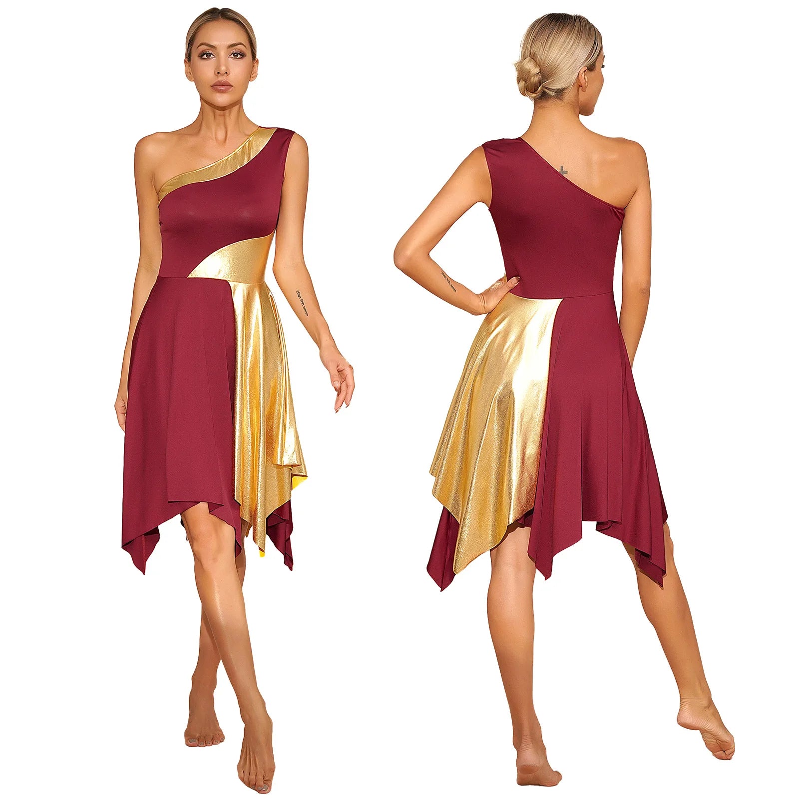 Women Modern Lyrical Dance Dress One Shoulder Irregular Hem Ballroom Waltz Dancewear for Church Choir Worship Praise Liturgical