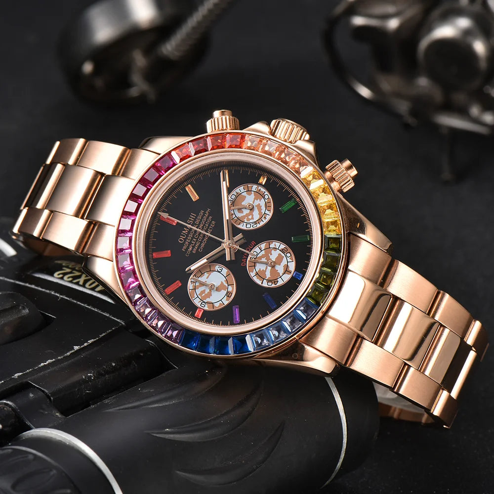 Luxury men's watch rose gold rainbow watch VK63 watch sapphire glass waterproof watch 39.3 case watch support customized logo