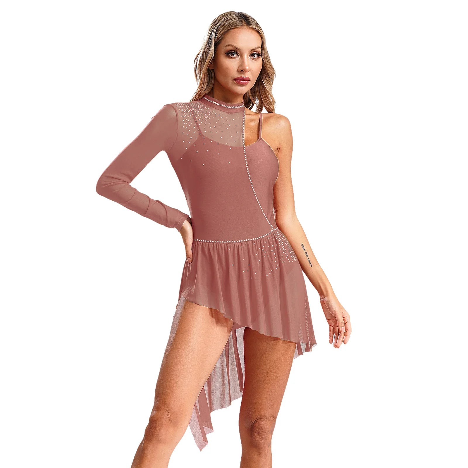 Women Latin Dress Lyrical Modern Dancing Costume Fashion One-shoulder Single Sleeve Rhinestone Press Button Design Rhythm Dress