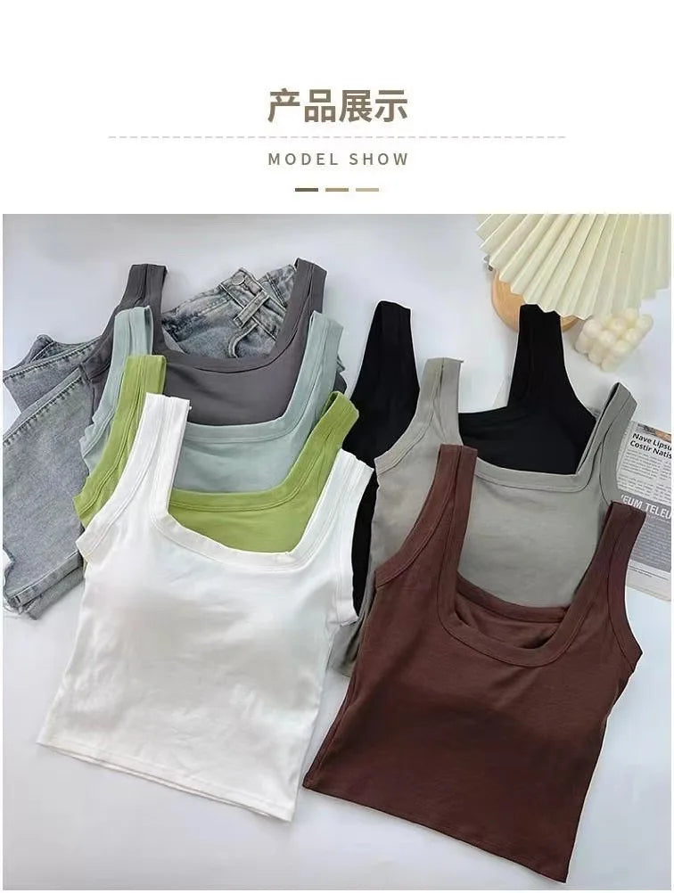 Pure Cotton Square Neck Vest for Women with Chest Pad Sling Bottoming Sexy Short Top Tank Top Women Wholesale 여성용 조끼