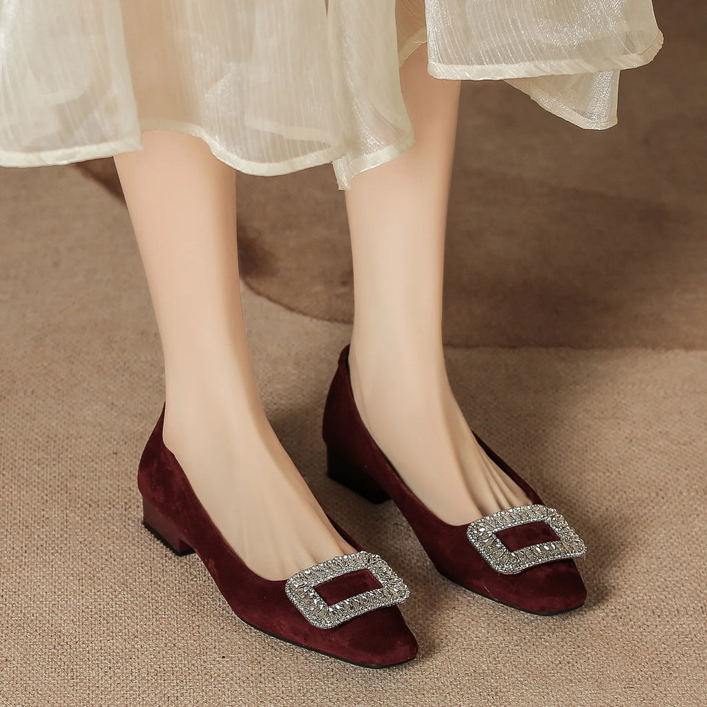 New autumn and winter women's shoes, wedding shoes with rhinestones, women's suede chunky heel shallow soft low-cut daily