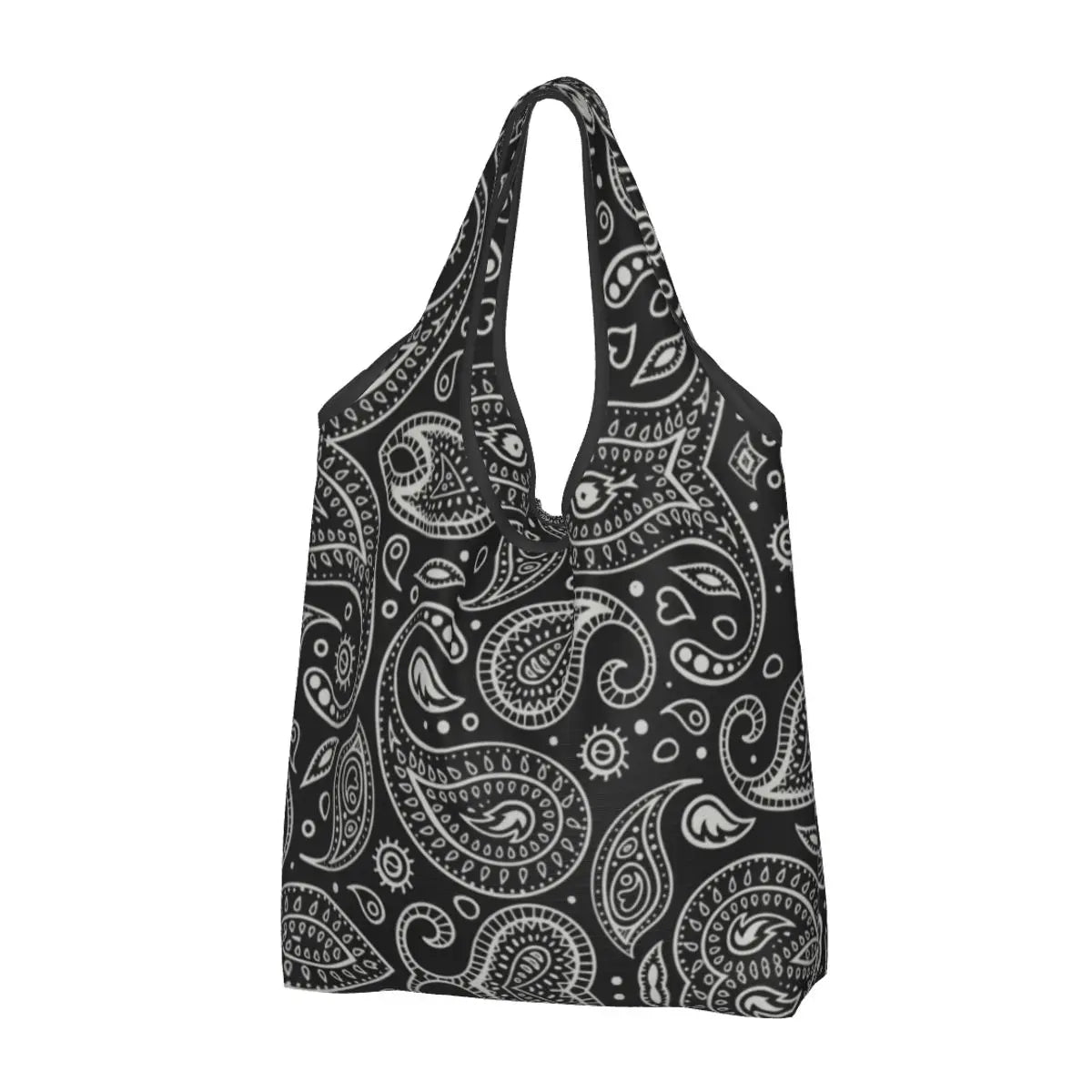 Funny Black Bandana Pattern Shopping Tote Bag Portable Paisley Style Groceries Shopper Shoulder Bag