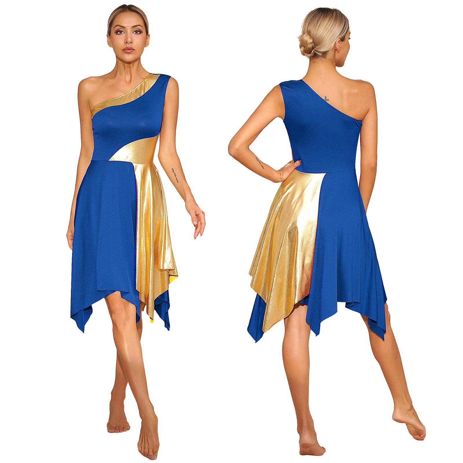 Women Modern Lyrical Dance Dress One Shoulder Irregular Hem Ballroom Waltz Dancewear for Church Choir Worship Praise Liturgical