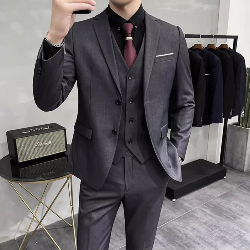 Groom's Wedding Dress ( Jacket + Vest + Pants ) High End Brand Solid Color Men's Casual Business Office Formal Suit 3Pcs Sets