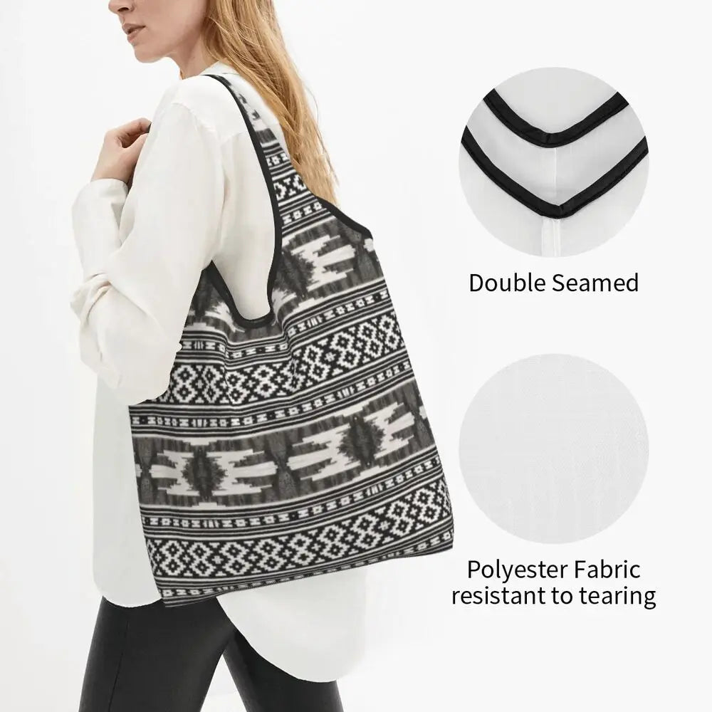 Funny Black Bandana Pattern Shopping Tote Bag Portable Paisley Style Groceries Shopper Shoulder Bag