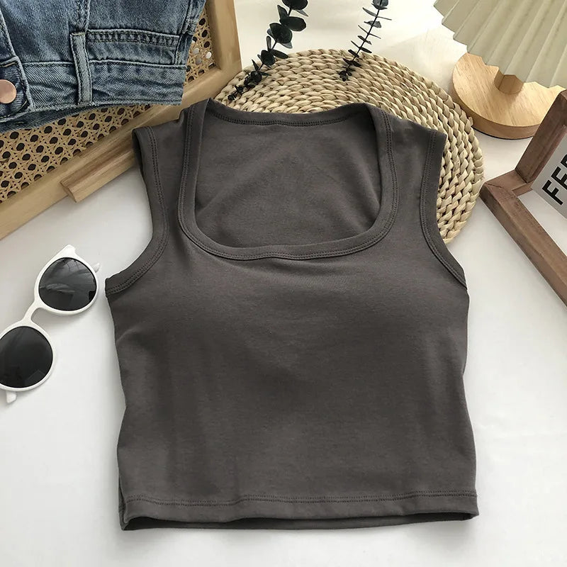 Pure Cotton Square Neck Vest for Women with Chest Pad Sling Bottoming Sexy Short Top Tank Top Women Wholesale 여성용 조끼