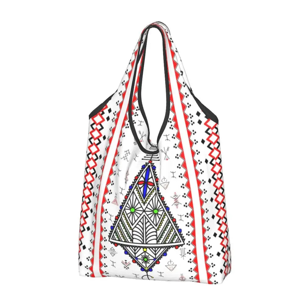 Custom Kabyle Jewelry Shopping Bags Women Portable Large Capacity Groceries Amazigh Carpet Berber Shopper Tote Bags