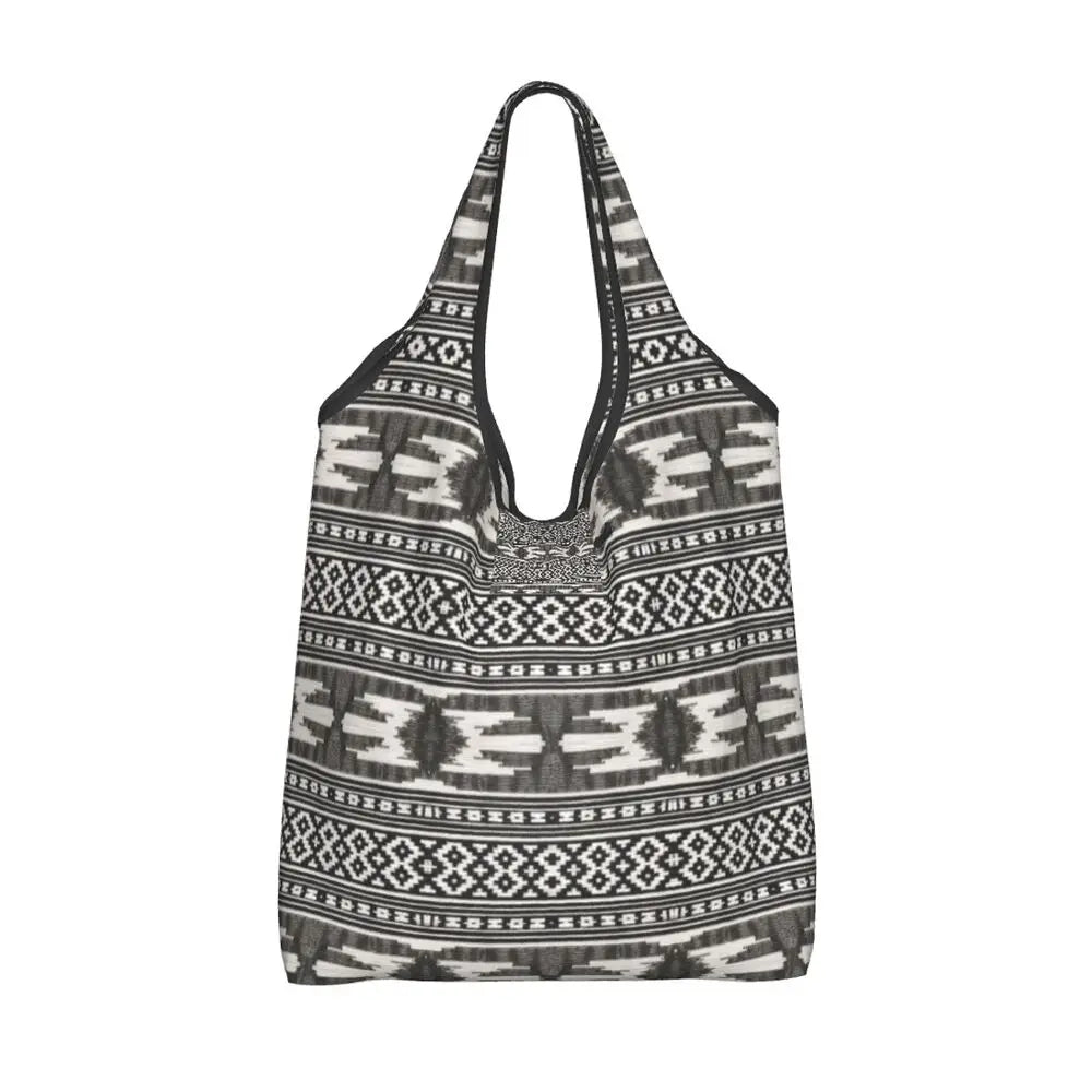 Funny Black Bandana Pattern Shopping Tote Bag Portable Paisley Style Groceries Shopper Shoulder Bag