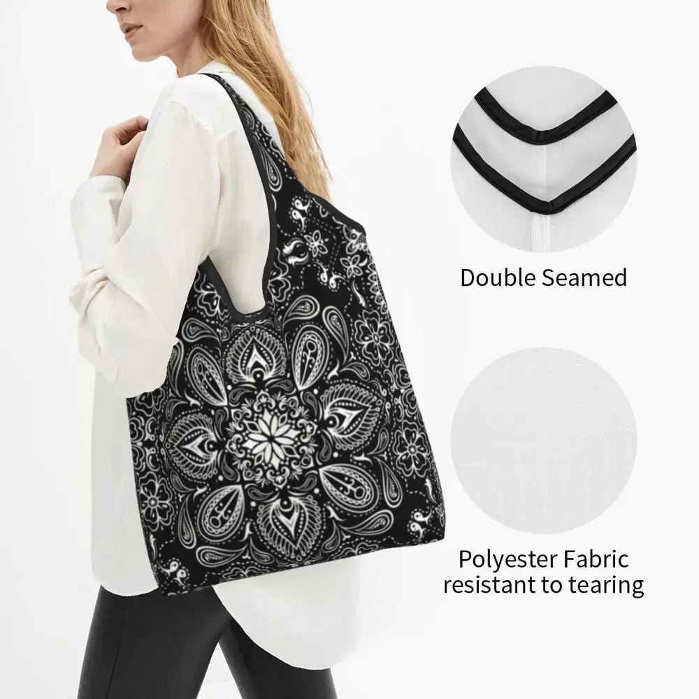 Funny Black Bandana Pattern Shopping Tote Bag Portable Paisley Style Groceries Shopper Shoulder Bag