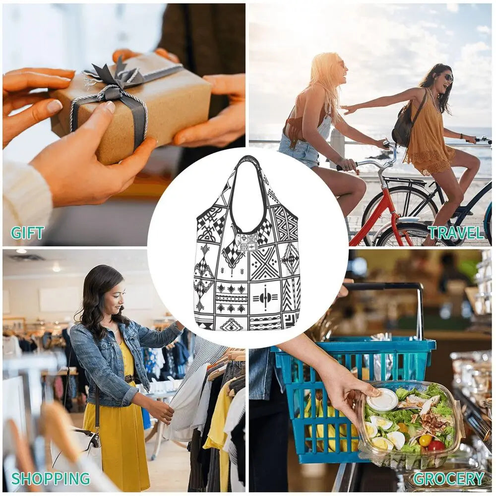 Custom Kabyle Jewelry Shopping Bags Women Portable Large Capacity Groceries Amazigh Carpet Berber Shopper Tote Bags