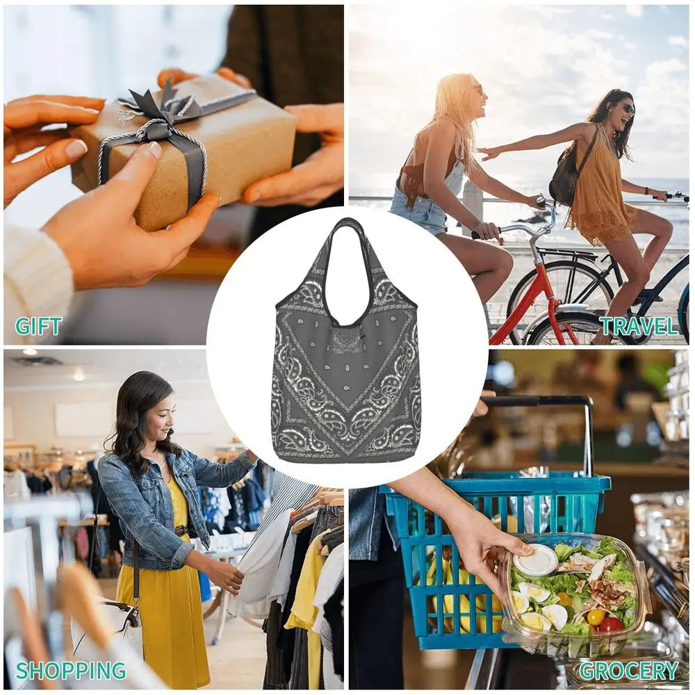 Funny Black Bandana Pattern Shopping Tote Bag Portable Paisley Style Groceries Shopper Shoulder Bag