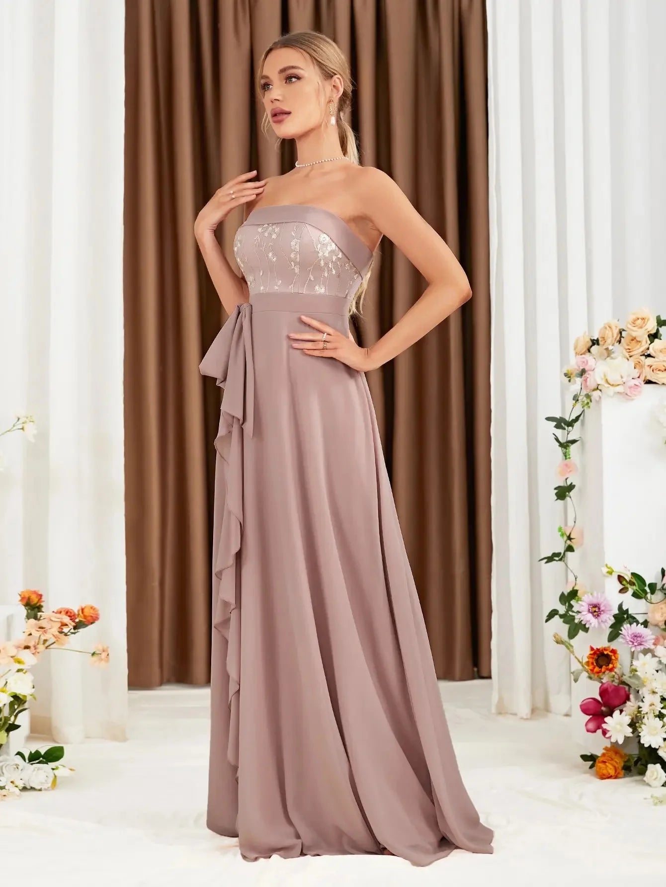 Strapless long dress with front ruffle trim, soft and elegant, showing gentle graceful charm