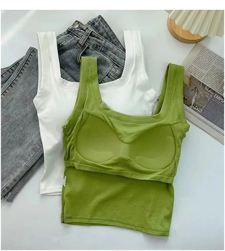 Pure Cotton Square Neck Vest for Women with Chest Pad Sling Bottoming Sexy Short Top Tank Top Women Wholesale 여성용 조끼