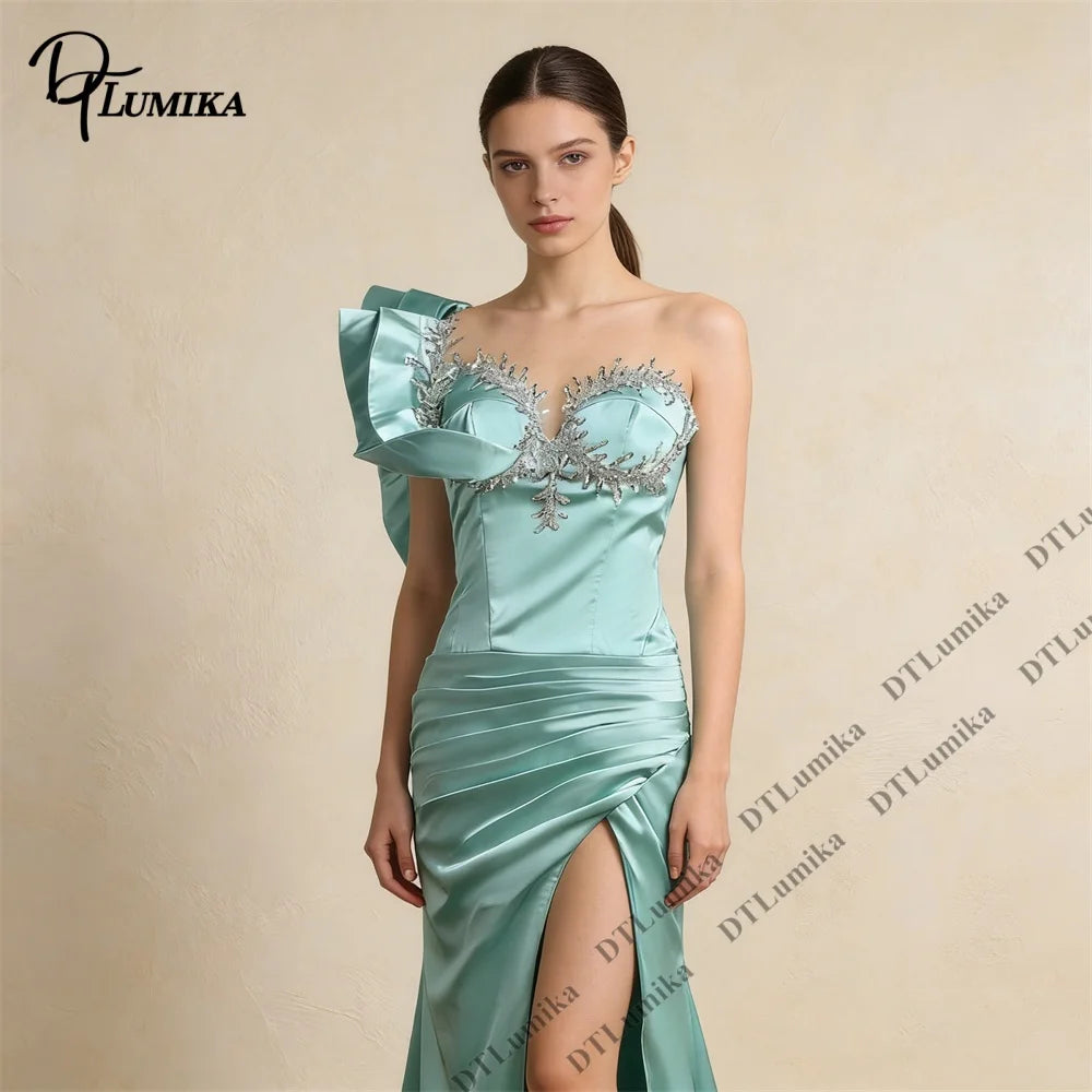 DTLumika Formal Evening Gown One Shoulder Ruffle Beaded Bodice Satin Ruched Slit Customized Prom Dress  Women Party Maxi Dress