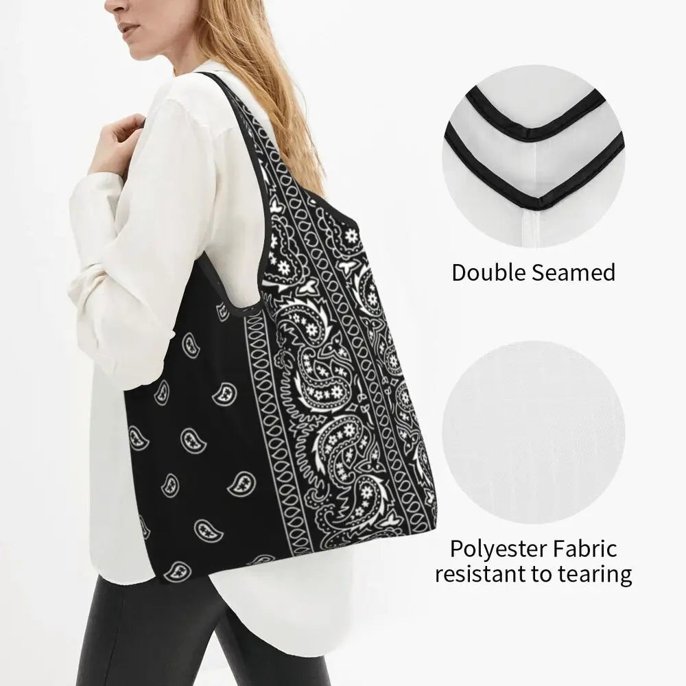 Funny Black Bandana Pattern Shopping Tote Bag Portable Paisley Style Groceries Shopper Shoulder Bag
